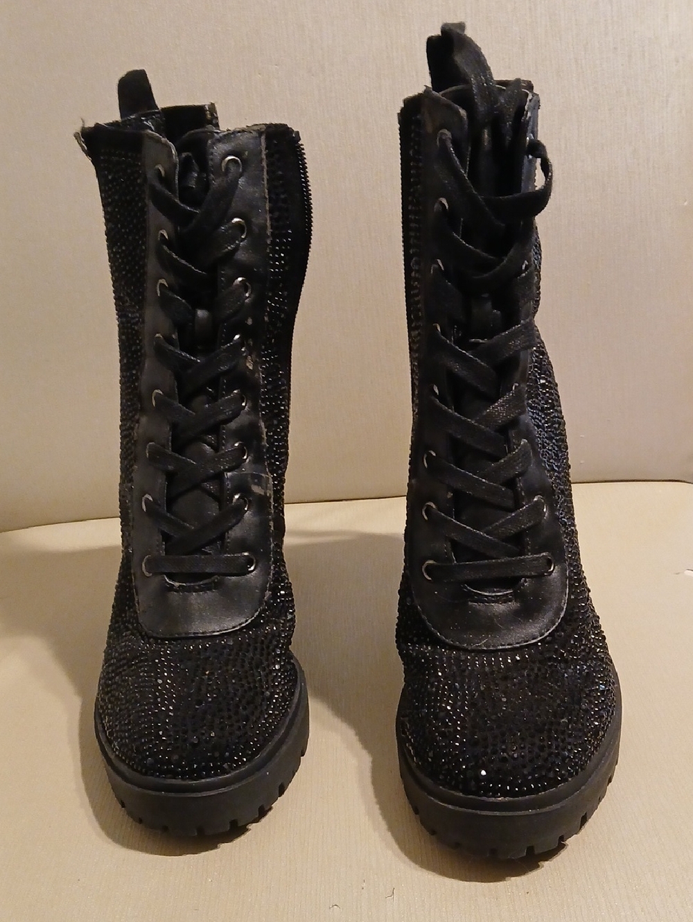 Steve Madden Black Lace-Up Combat Boots with Sparkle Detail
